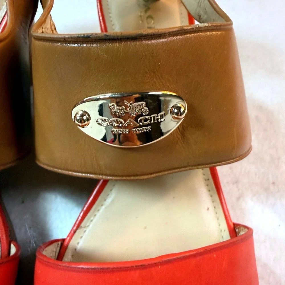 Coach Wedge Sandals Womens 9.5 Red Leather Colorblock Ankle Strap Gold Hardware